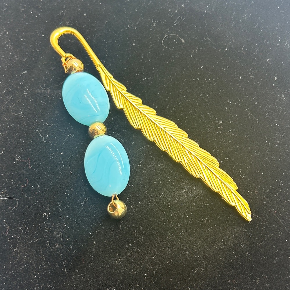Elegant Gold and Blue Feather Bookmark